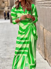 Ingvn - Ladies Elegant V-Neck Tie Waist Print Dress