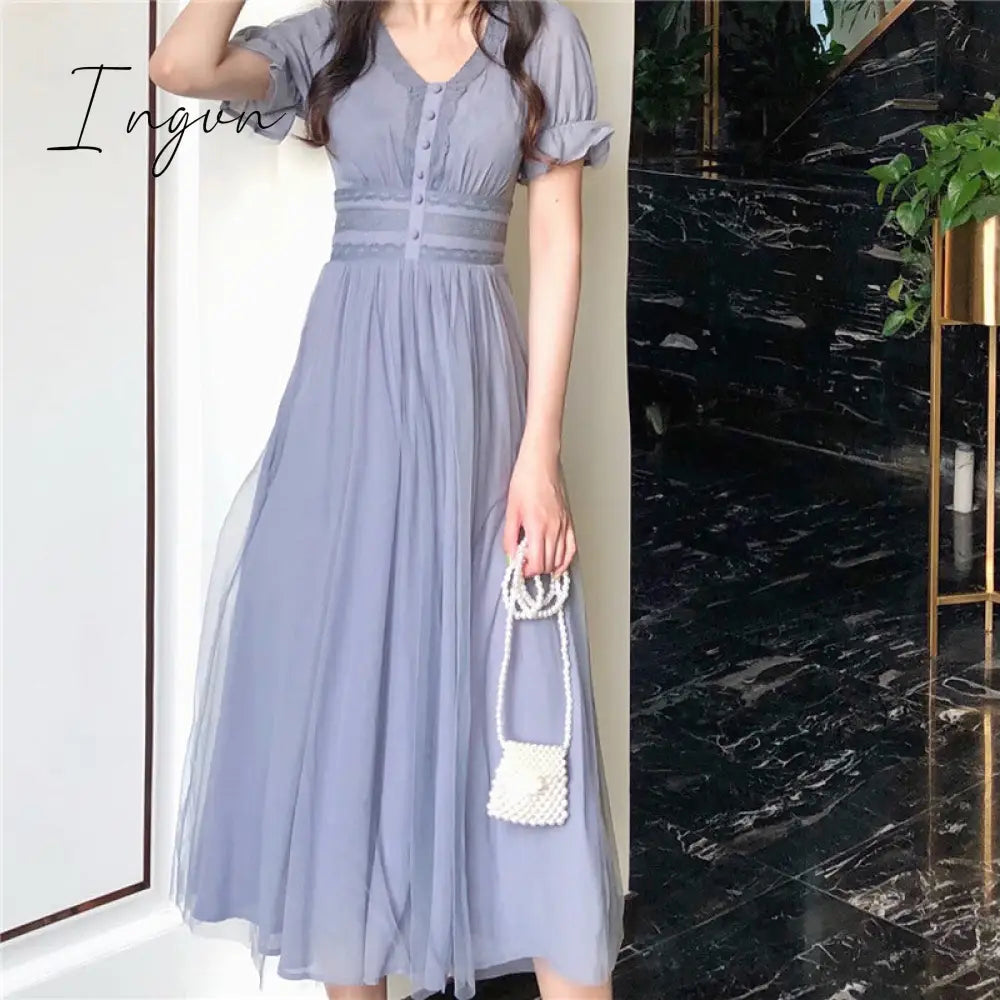 Ingvn - New Summer Mesh Dress Female V-neck Short Puff Sleeve A-line Women Dress Slim Korean Style Mesh Elegant Vintage Vestidos