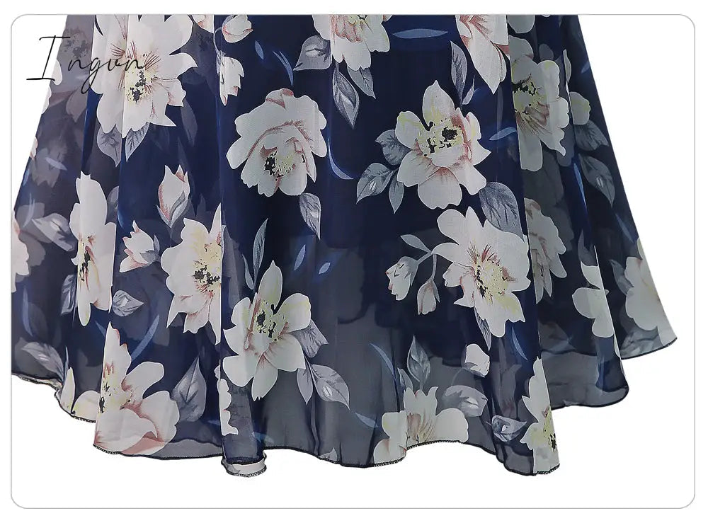 Ingvn - New Plus Size Women Chiffon Skirt Europe Fashion Bow Saia Midi Lining Jupe Femme Lace Up Falda Mujer Summer Print Floral Skirts