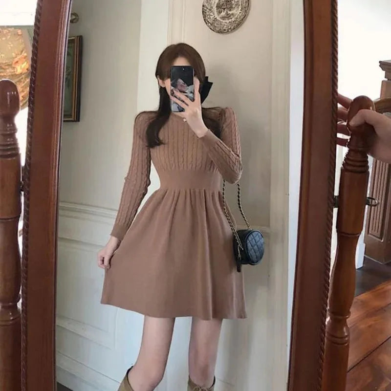 Korean Style Solid Inside Knitting Mini Dress Woman Autumn Winter Warm Long Sleeve Sweater Dresses Elegant Women's Waist Dress