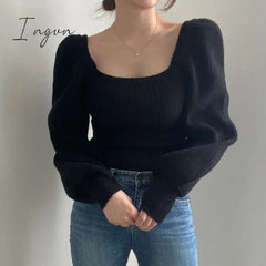 Ingvn - Knitted Women's Sweater Vintage Pullover Long Puff Sleeve Pink Square Neck Top Korean Fashion Style Autumn Winter Clothing