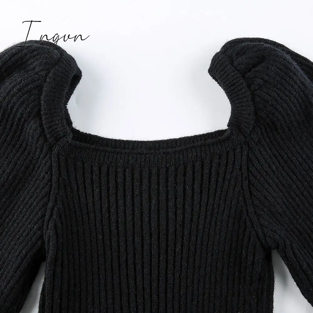 Ingvn - Knitted Women's Sweater Vintage Pullover Long Puff Sleeve Pink Square Neck Top Korean Fashion Style Autumn Winter Clothing