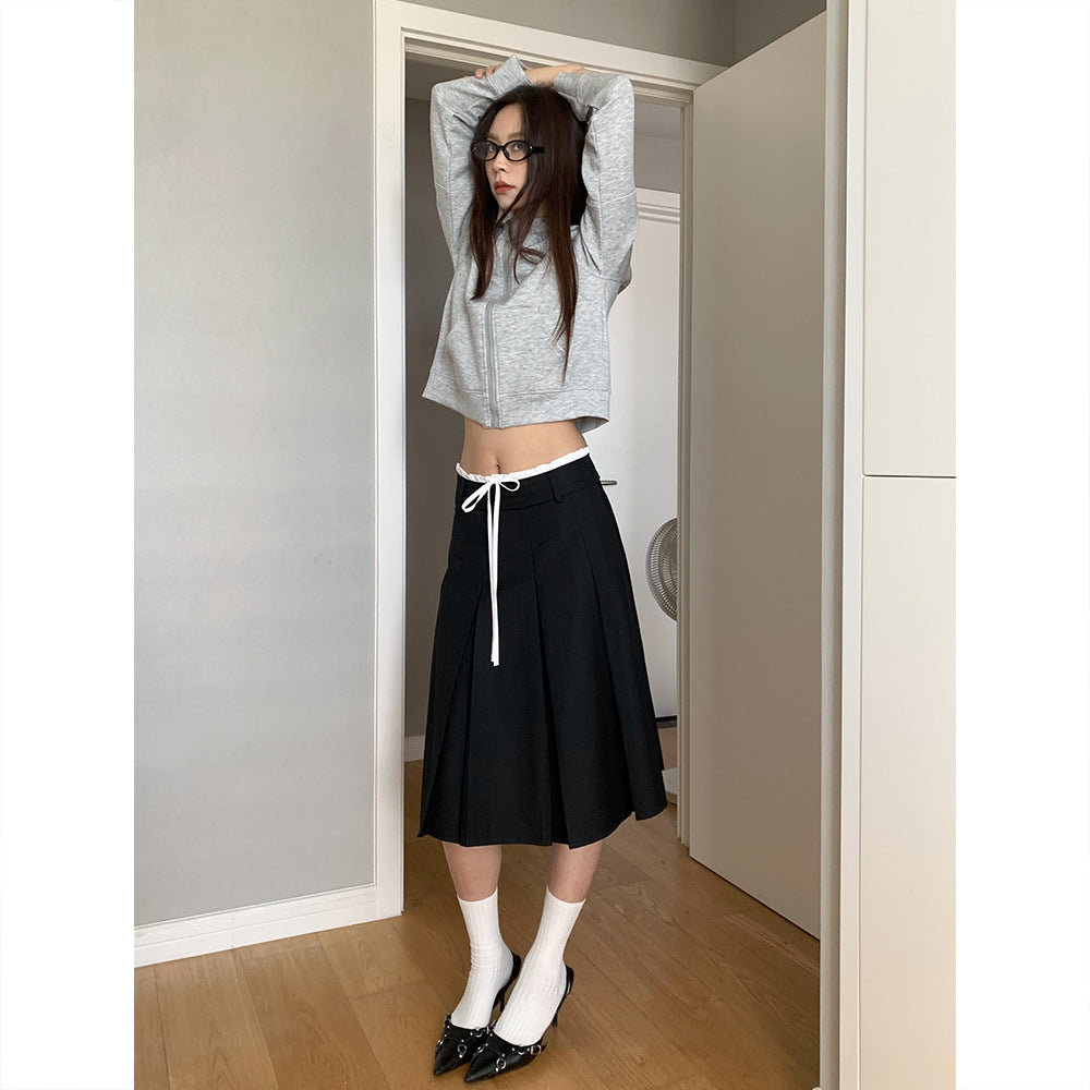 Casual Korean Contrast Color Drawstring Skirt Women's Autumn Mid-Length A-Line High Waist Slim Pleated Skirt Women