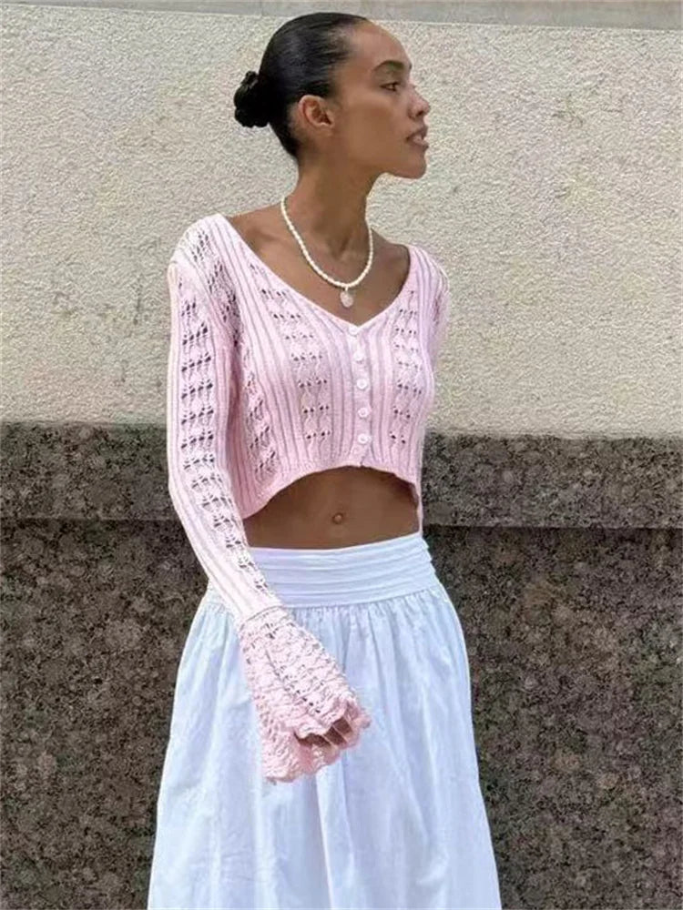 Knitwear Hollow Out Sweater Cardigan Women V-Neck Long Sleeve See-Through Cropped Top Summer Knit Patchwork Cardigan Top