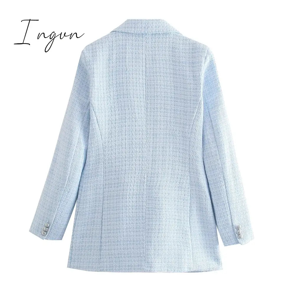 Ingvn - Fashion Casual Double Breasted Tweed Women Blazer Coat New Long Spring Autumn Jackets Coats Female Chic Office Lady Tops