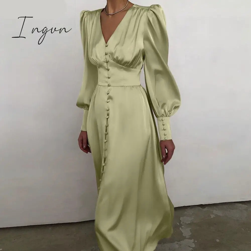 Ingvn - Puff Sleeve Vintage Satin Midi Dress Women V-Neck Party Pleated Dress Black Elegant Bodycon Dress Ladies Chic Ruched