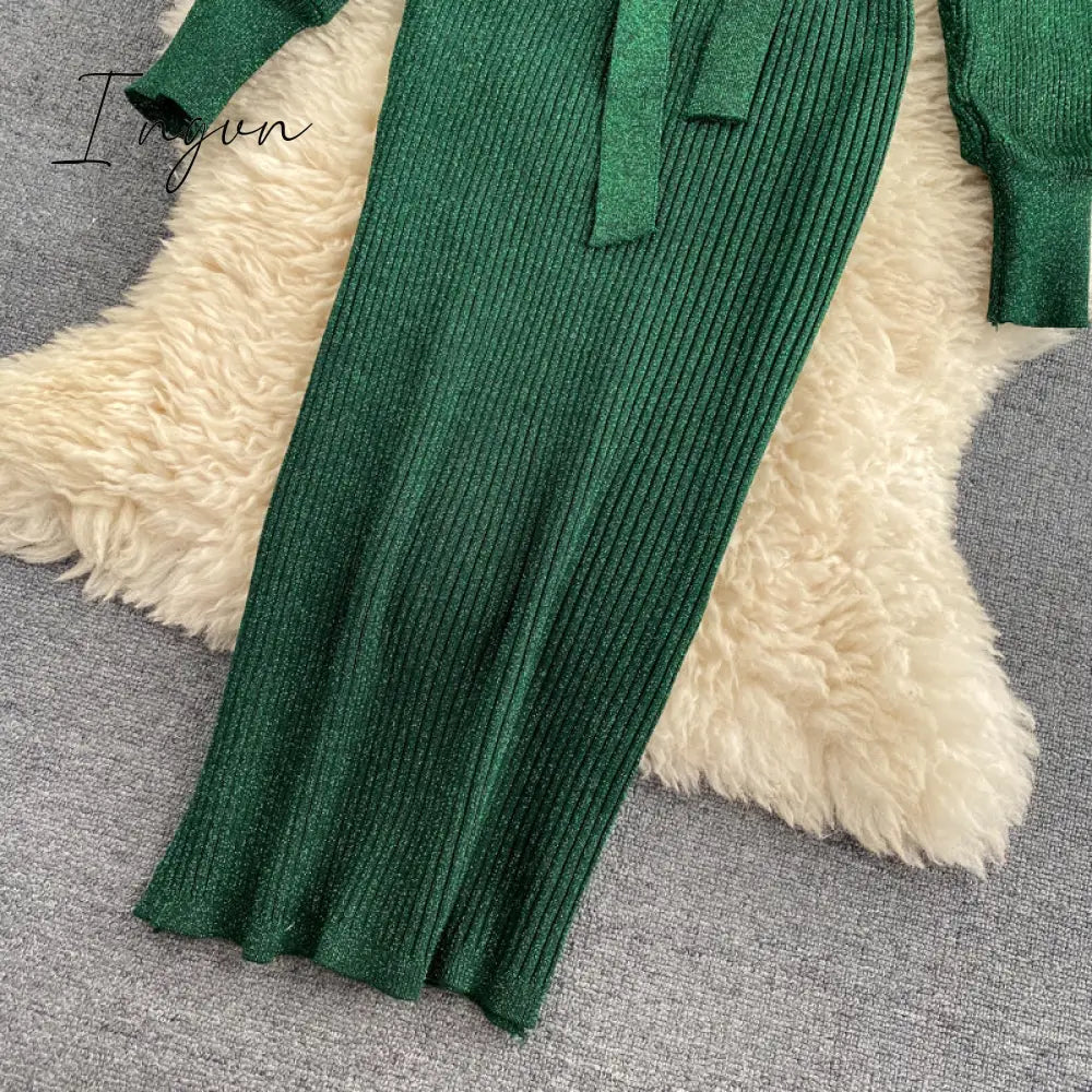 Ingvn - Women Shiny Knitted Dress Sexy V Neck Puff Sleeve Elastic Sheath Knitting Dress Autumn Solid Bow Sashes Pencil Dress