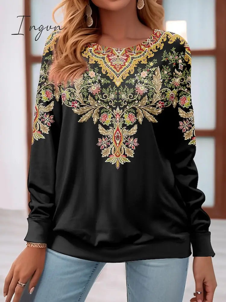 Ingvn - Women's Sweatshirt Pullover Basic Black Floral Casual Round Neck Long Sleeve Top Micro-elastic Fall & Winter