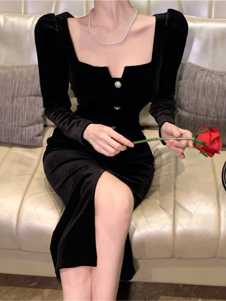 Sexy Vintage Velvet Black Dress for Women Autumn Long Sleeve Bodycon Evening Party Dresses Female Fashion Chic Prom Vestidos