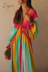 Ingvn - Elegant Gradual Change Contrast V Neck Dresses