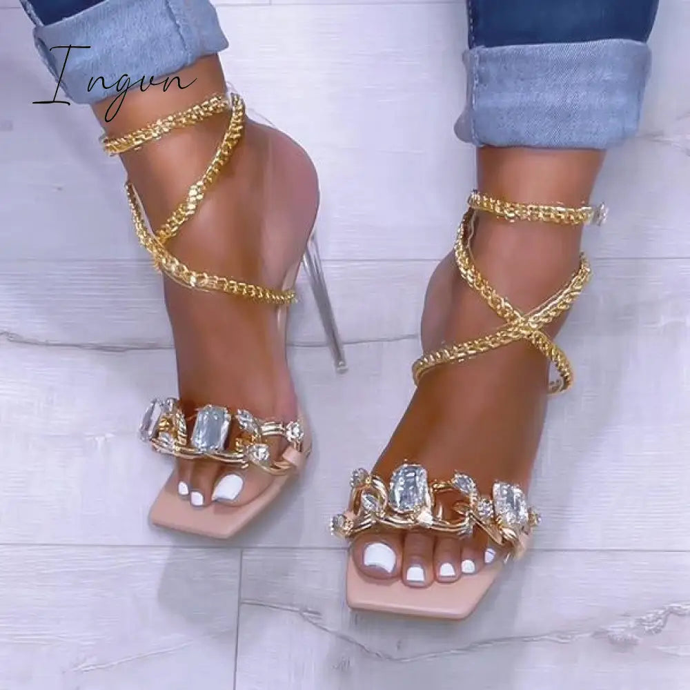 Ingvn - Noble Gold Chain Large Crystal High Heel Sandals