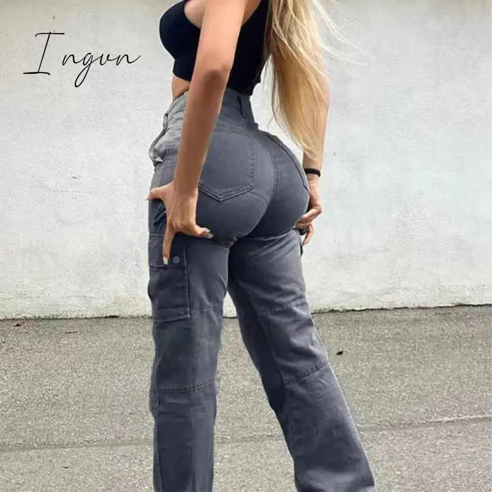 Ingvn - Straight Leg Cargo Pants Women High Waist Casual Baggy Pants Slim Vintage Y2k Streetwear Elastic Wide Leg Trousers Fashion Jeans