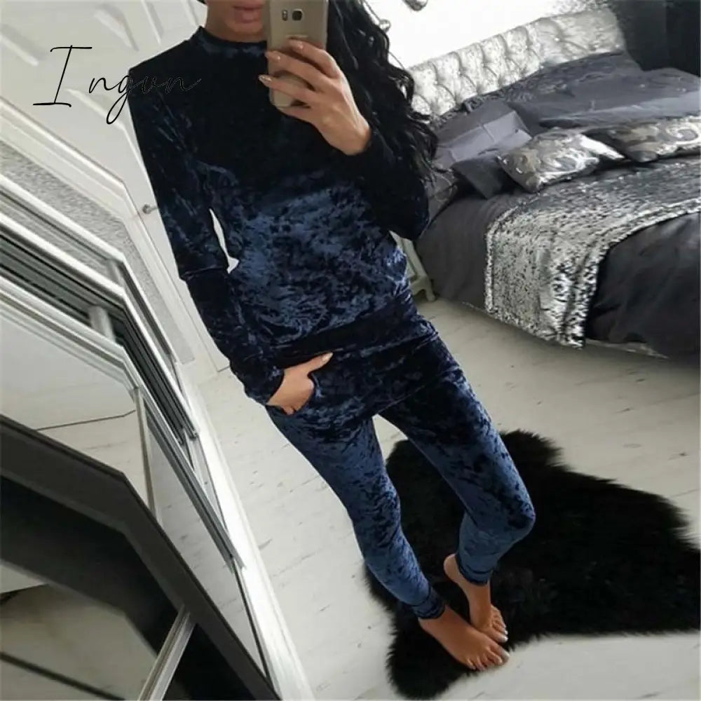 Ingvn - Autumn Velvet Tracksuit Women Sets Two Piece Winter Velour Tracksuit Ladies Sweat Suit 2 Piece Outfits For Women Sweatshirt