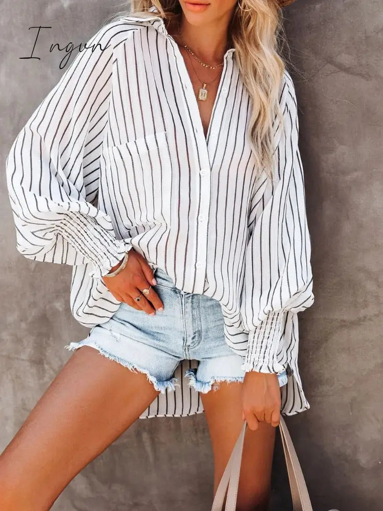 Ingvn - 2023 Spring Fall Lantern Sleeve Striped Shirt Blouse Women Lapel Buttons Loose Shawl Cover-Ups Elegant Beach Bikini Cover Up