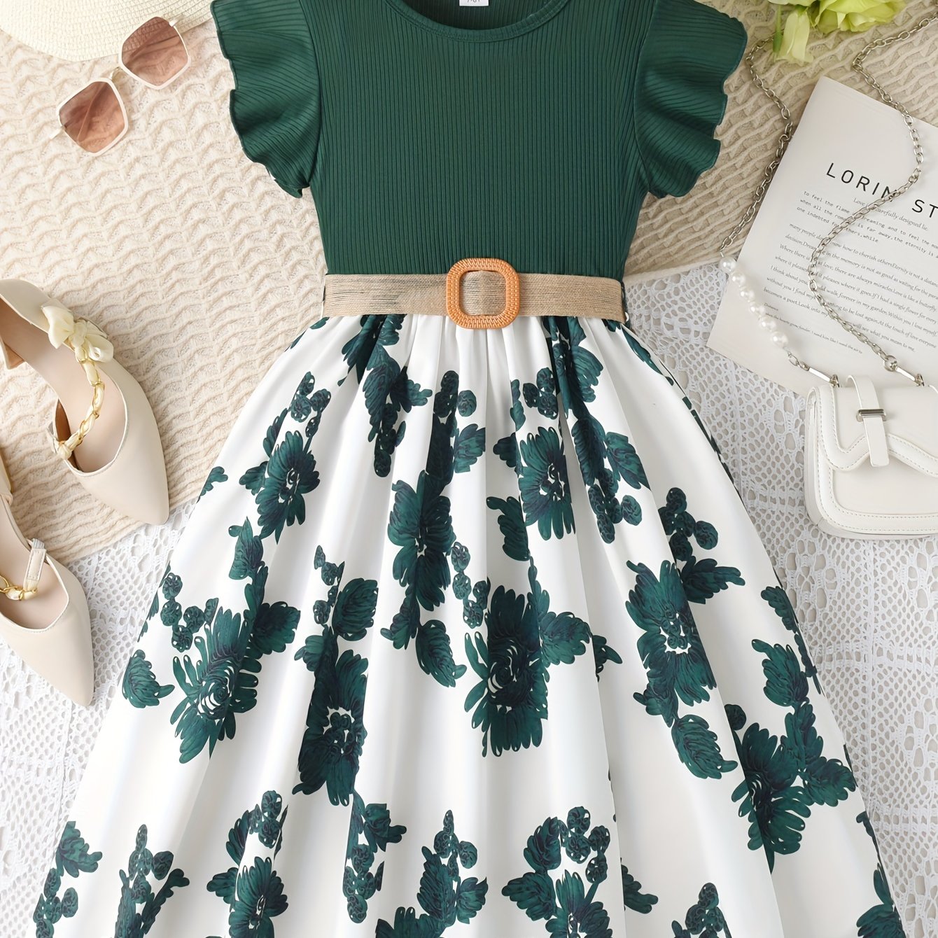 Girls Charming Floral Embroidered Dress - Soft Ribbed Flutter Sleeve - Perfect for Summer Casual Wear