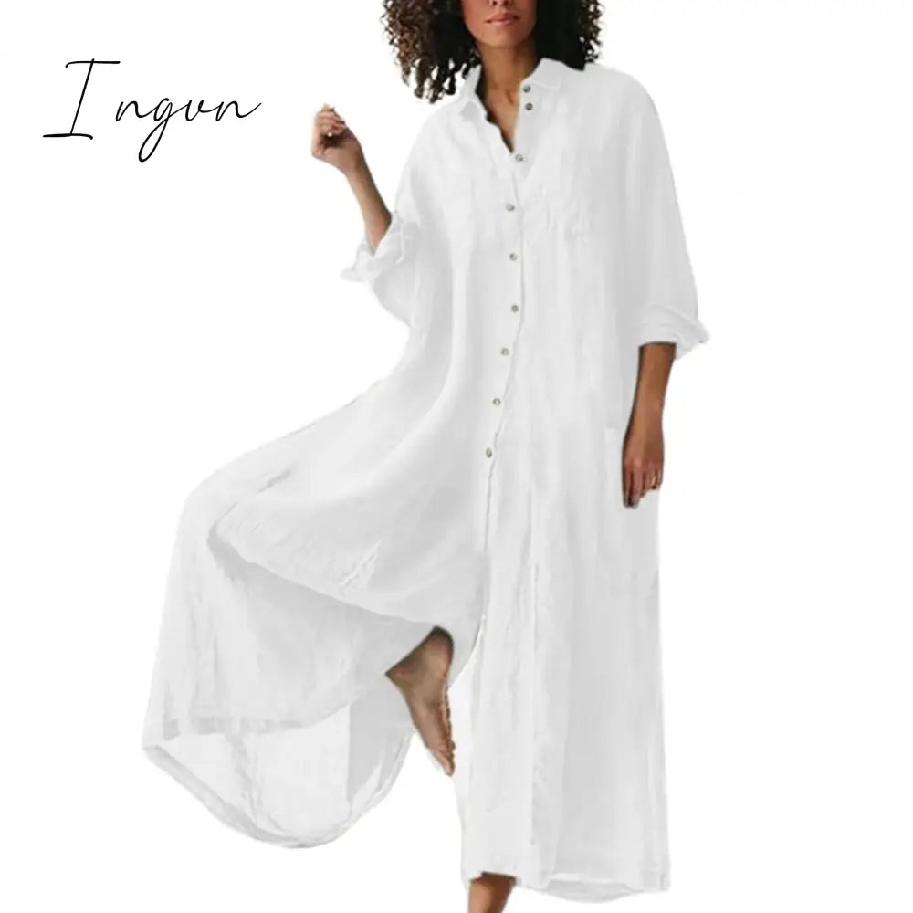Ingvn - Cotton Linen Women Jumpsuit Oversized Vintage Button Jumpsuit Summer Women Casual Beach Playsuit Wide Legs Pants Loose Romper