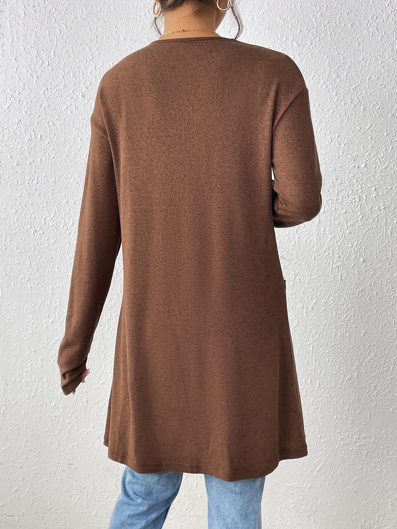 Dual Pockets Open Front Cardigan, Stylish Solid Color Long Sleeve Cardigan For Spring & Fall, Women's Clothing