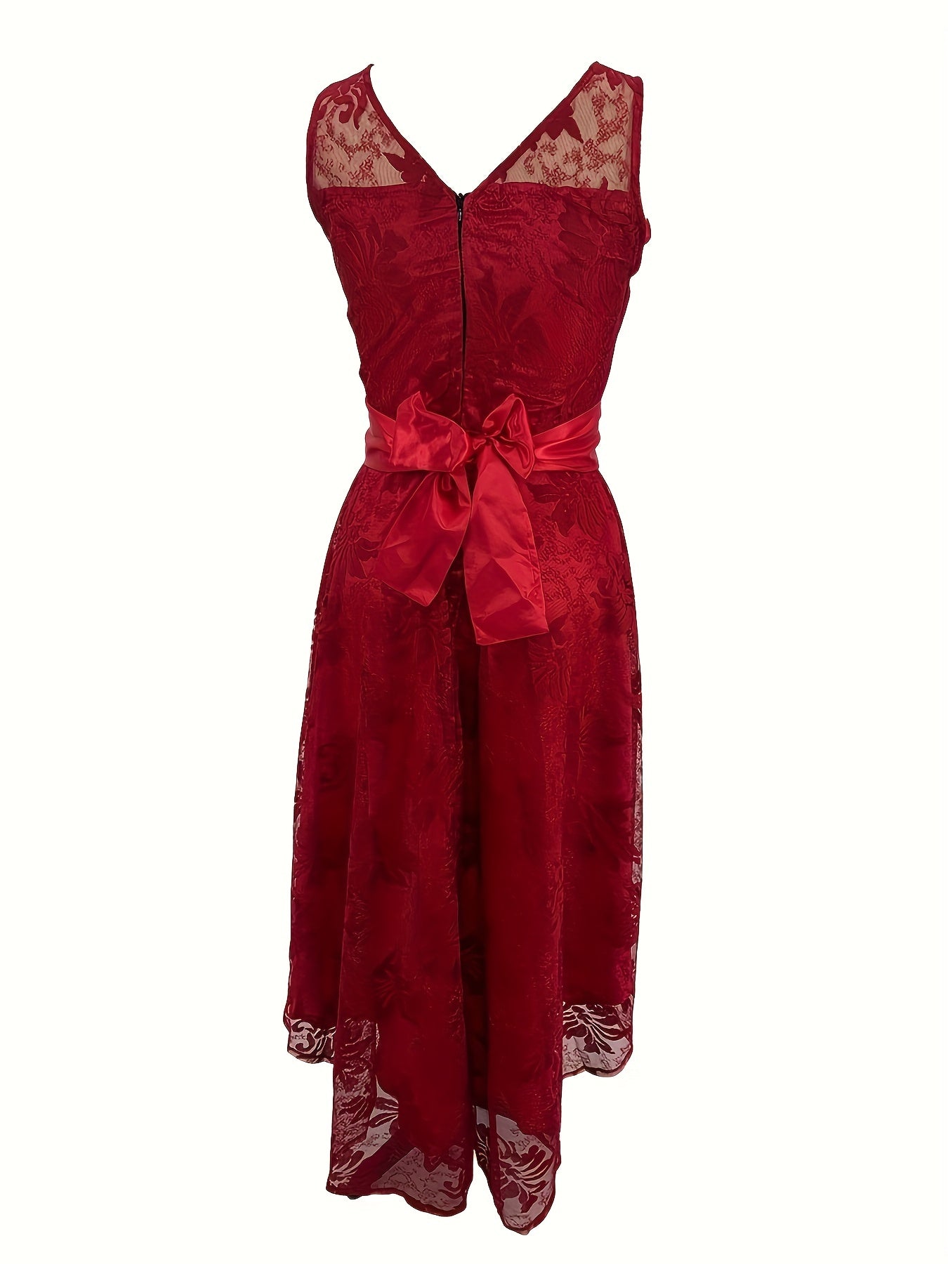 Lace High Low Hem A-line Dress, Elegant Sleeveless Tie Waist Dress For Party & Banquet, Women's Clothing For Party Dressing