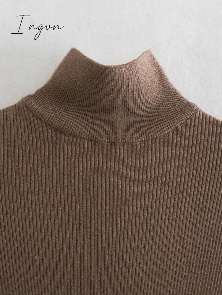 Ingvn - Dress Women Long Sleeves High-Neck Elastic Midi Dress Fashion Elegant Chic Lady Knit Sweater Dresses Women robe femme