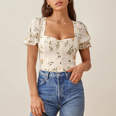 Summer Tops For Women Sweetheart Neck Tie Bow Fruit Print Blouses Back Smocked Short Puff Sleeve Elegant Chiffon Blouse