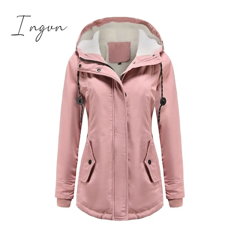 Ingvn - Women's Parka Street Fall Winter Long Coat Windproof Warm 3 in 1 Loose Casual Sports Jacket Long Sleeve Solid Color Zipper Purple Blushing Pink  Waterpoof  Daily Wear Down  Parkas  Lined