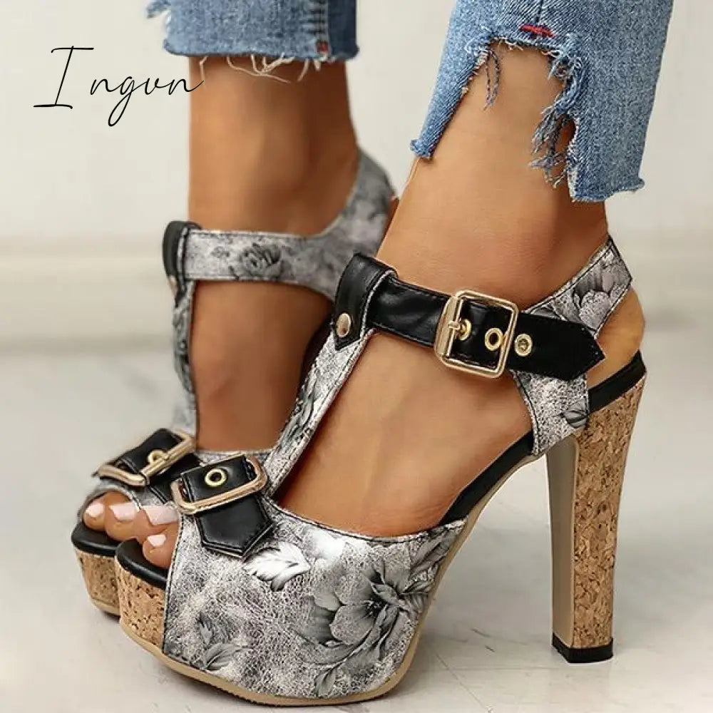 Ingvn - Flower Print Peep Toe Platform Chunky Heels