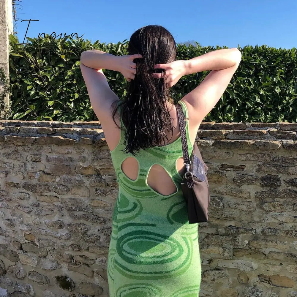 Ingvn - Paisley Print Knit Dress Women Green Y2K Summer Sexy Bodycon  Sleeveless Spaghetti Strap Beach Party Midi Dresses