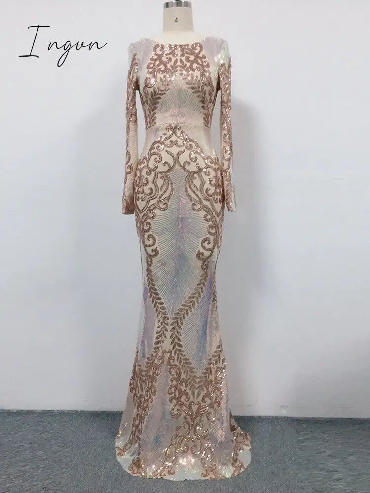 Ingvn - Hot Sale O-neck Long-Sleeve Shinning Sequins Evening Dresses Sexy Backless Mermaid Party Gowns Maxi Elegant Multi Female Robes vestidos