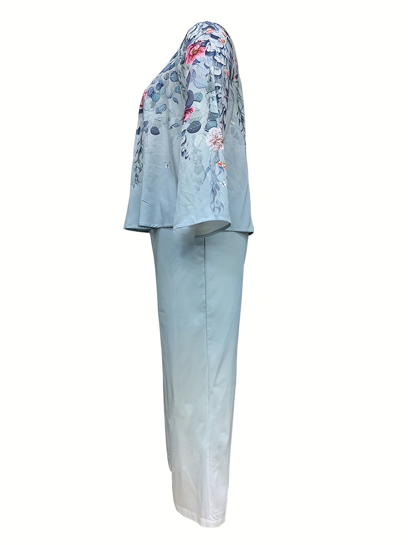 Plus Size Casual Outfits Set, Women's Plus Floral Print Long Sleeve Round Neck Top & Wide Leg Pants Outfits Two Piece Set