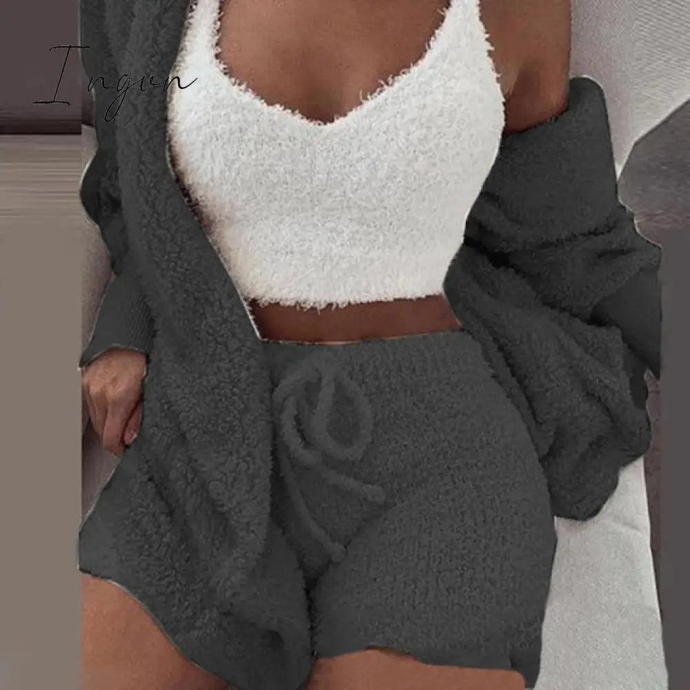 Ingvn - Three Piece Sexy Fluffy Outfits Plush Velvet Hooded Cardigan Coat+Shorts+Crop Top Women Tracksuit Sets Casual Sports Sweatshirt