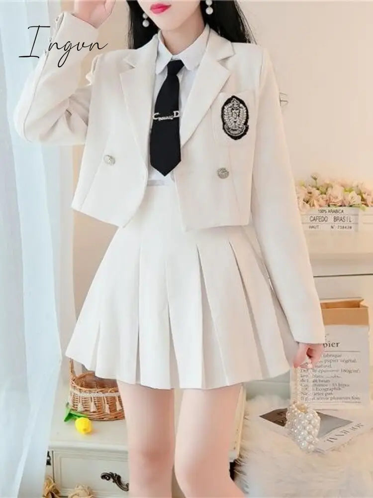 Ingvn - JK Blazer Skirt Set Female Short Suit Jacket + Pleated Skirt Spring Autumn Professional Wear Elegant Goddess Two-piece Set