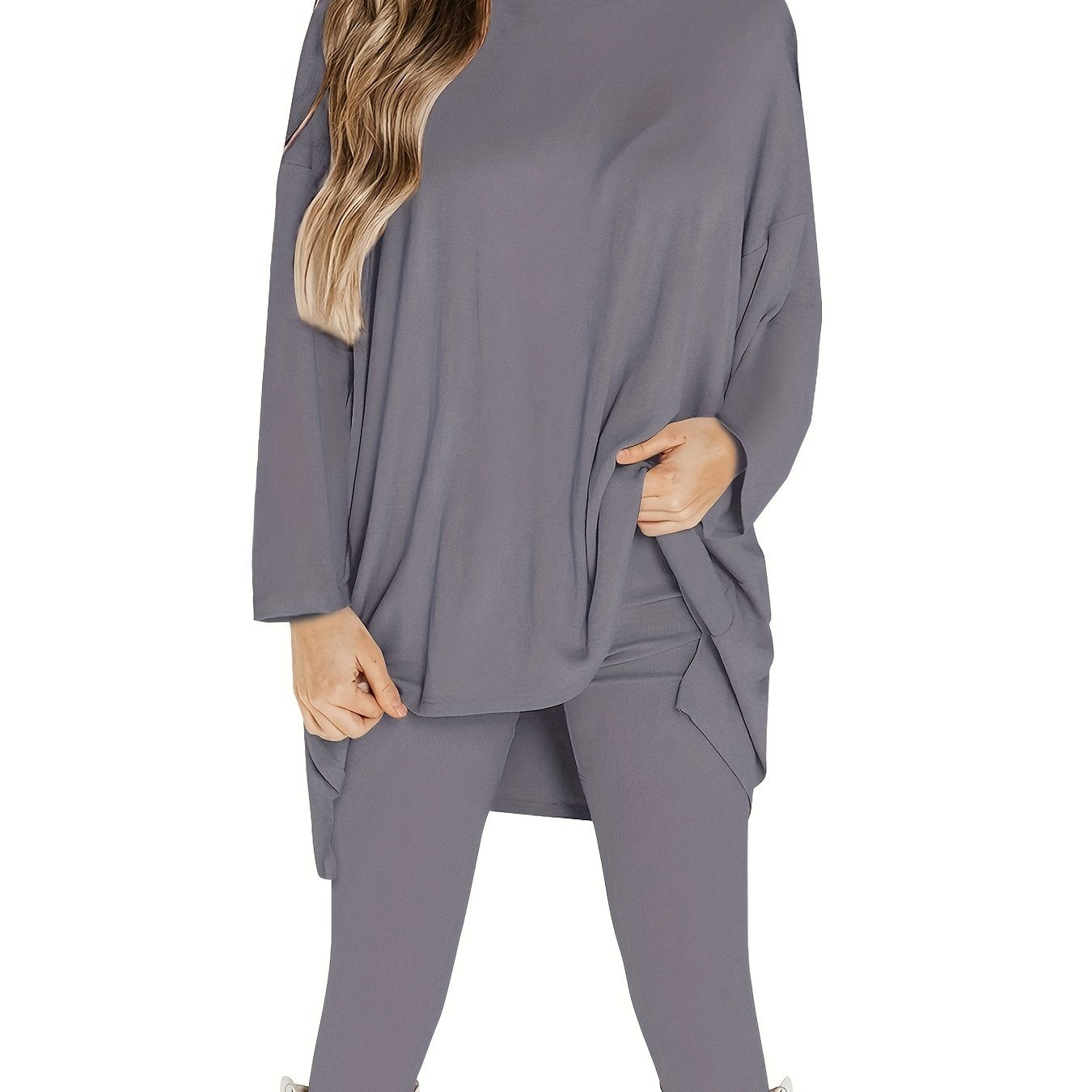 Plus Size Casual Outfits Set, Women's Plus Solid Long Sleeve Round Neck Oversized Top & Leggings Outfits Two Piece Set
