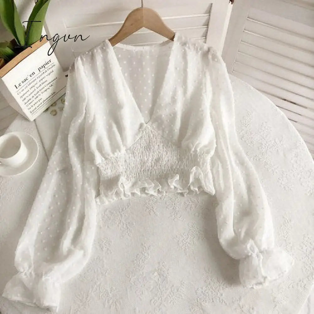 Ingvn - Women Fashion Spring Women Sweet Spot Blouse Ladies Fashion Chiffon Pullover Shirt V-neck Slim Long Puff Sleeve Folds Tunic Short Top