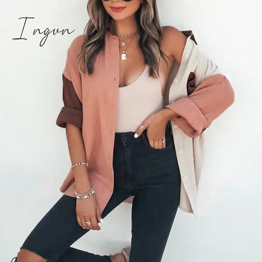 Ingvn - New Spring Summer Fashion Women New Patchwork Shirt Elegant Commute Contrast Lapel Buttons Cardigan Streetwear Ladies Casual Blouses