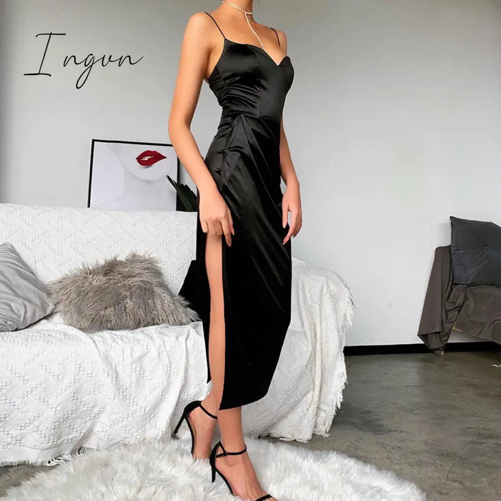 Ingvn - Summer Dresses For Women Sexy Black Satin Spaghetti Straps Low Cut Long Dress Women Summer Ruched Side High Split Maxi Dress Elegant Party Club
