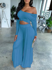 Long Sleeve Two-piece Set, Casual Solid Crop Top & Wide Leg Pants Outfits, Women's Clothing