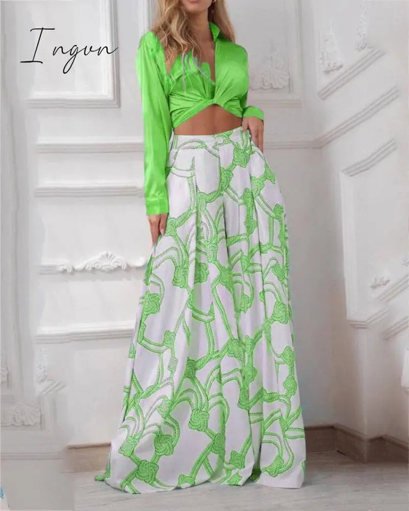 Ingvn - 2023 Fashion Summer Autumn Two Piece Sets Womens Fashion Sexy Mid Sleeve Shirt Elgant Floral Print Wide Leg Pant Suit Casual 2pcs Set Women