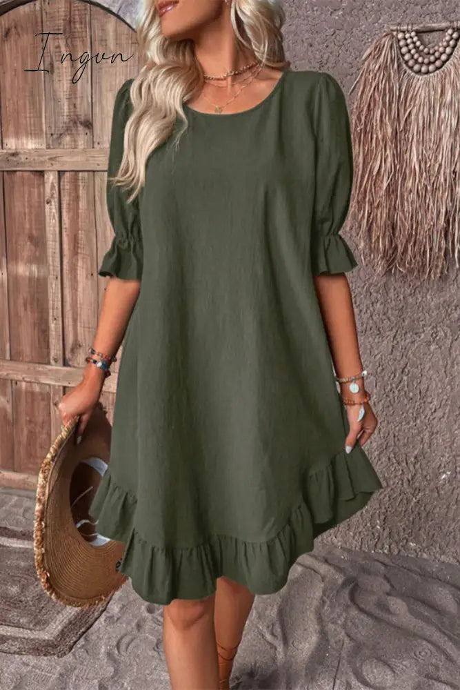 Ingvn - Casual Simplicity Solid Asymmetrical O Neck A Line Dresses