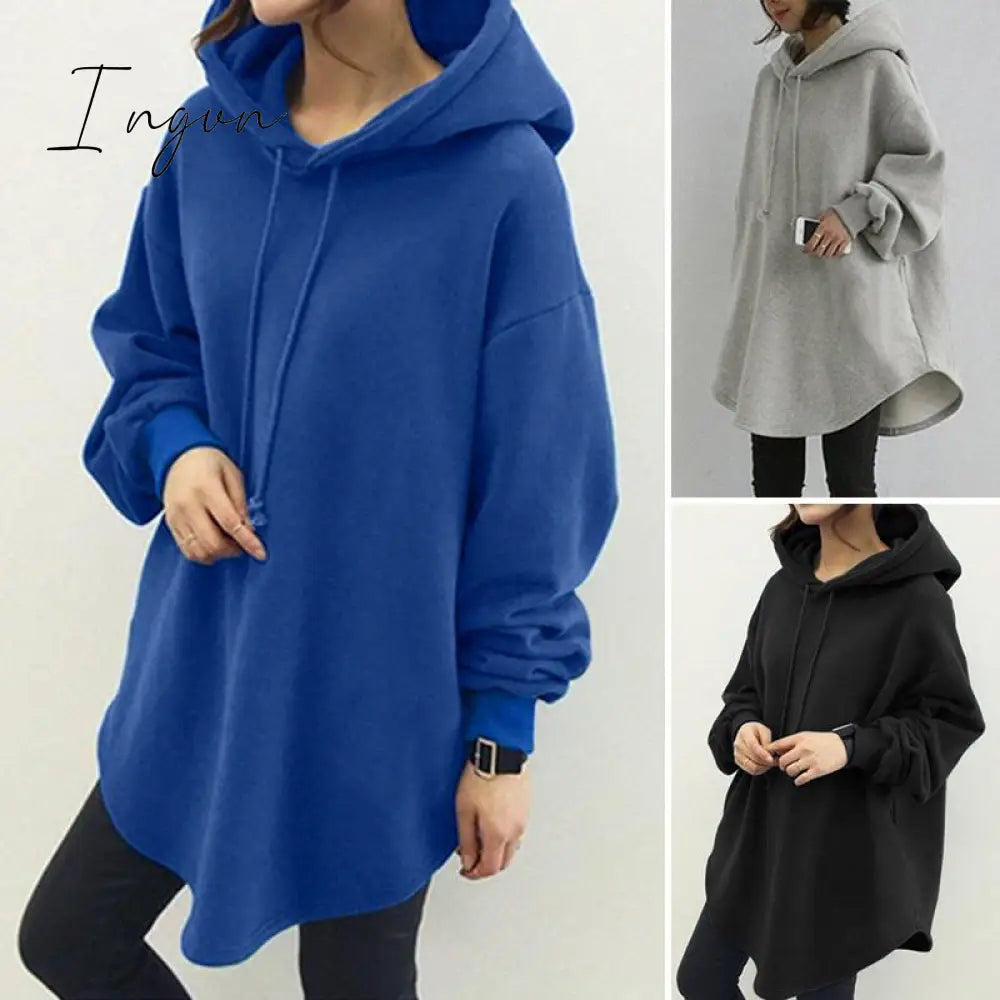Ingvn - Women's Hoodies Long Sleeve Sweatshirts Autumn Casual Solid Loose Long Drawstring Pullovers Oversized Streetwear