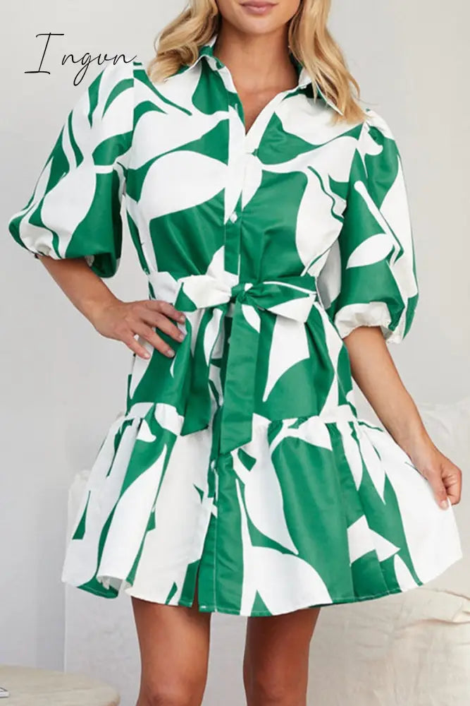 Ingvn - Casual Geometric Print Bandage Turndown Collar A Line Dresses