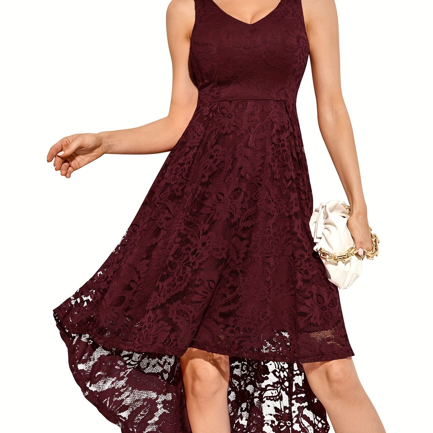 Solid Lace Asymmetrical Hem Dress, Elegant Sleeveless Aline Tank Dress For Wedding Party, Women's Clothing
