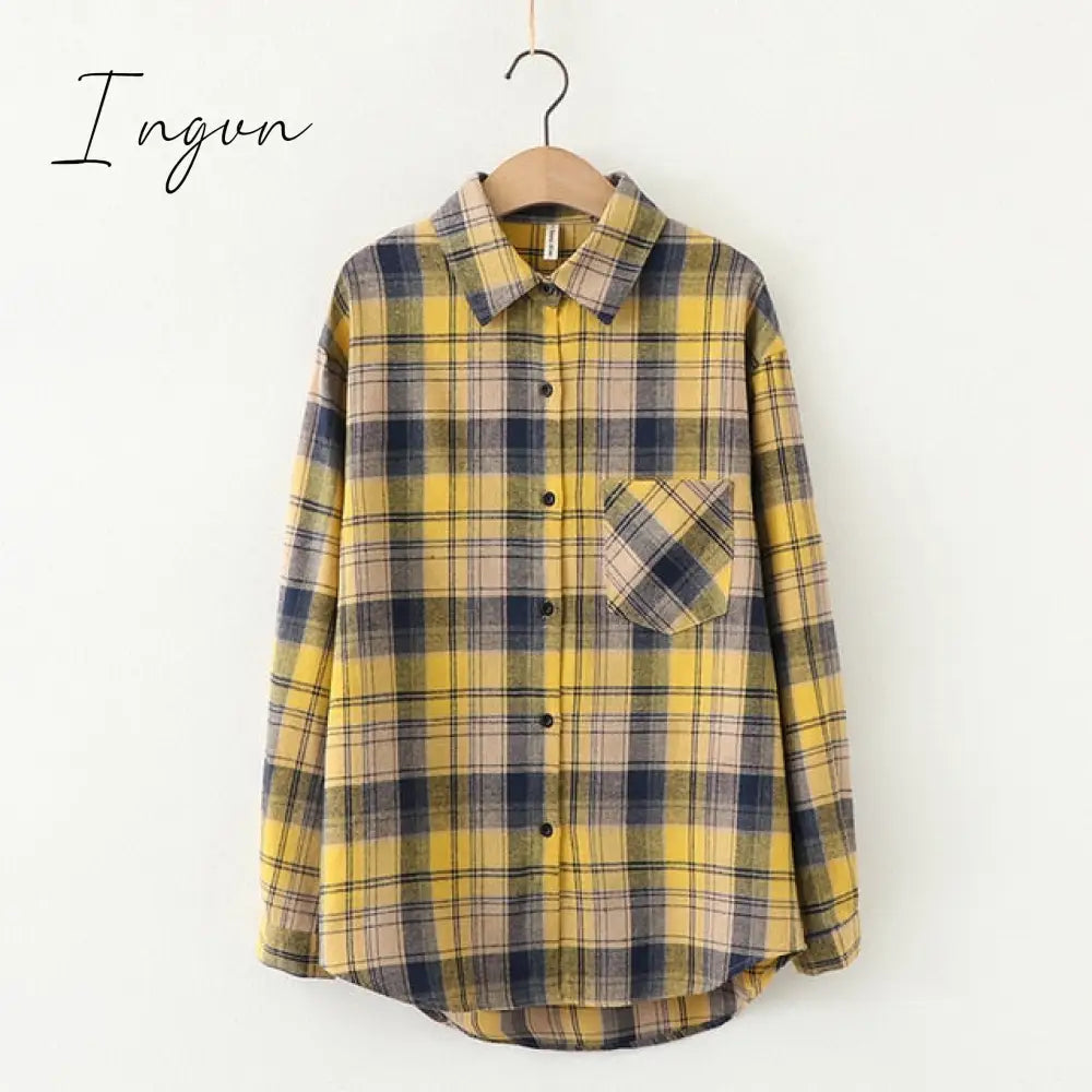 Ingvn - Plaid Shirts Women Top And Blouses Long Sleeve Oversized Cotton Ladies Casual Blusas One Pocket Loose Female Checked Shirt