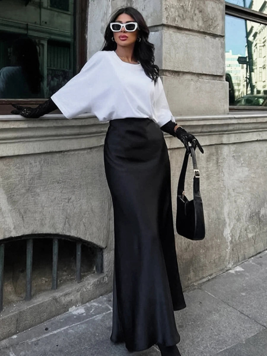 Ingvn   Women's High Waisted Solid Long Skirt Elegant Lce Silk Satin Slim Fit Skirt Fashion Office Lady Summer Long Skirt