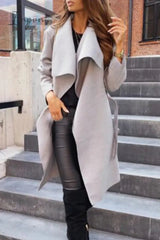 Ingvn - British Style Elegant Solid Bandage Turndown Collar Outerwear