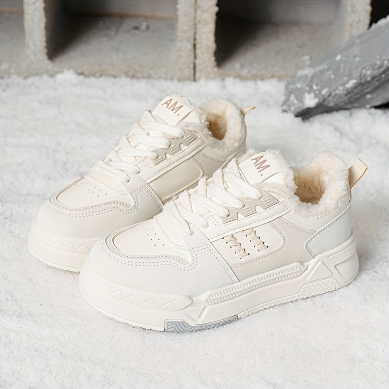 Plus Size Women's Comfortable Plush Lined Low Top Casual Lace Up Sneakers, Outdoor Shoes