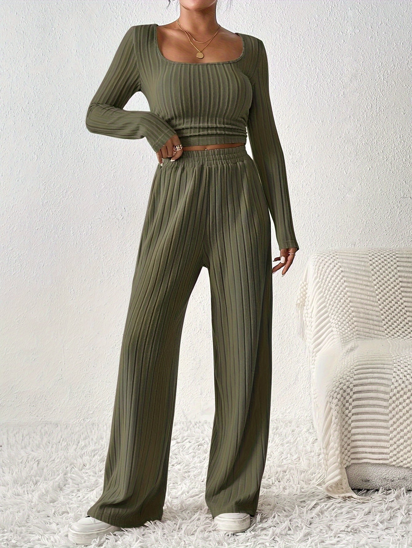 Women'S Fashion Set, Long Sleeve Round Neck Crop Top with Wide Leg Pants, Solid Color, Polyester Knit, Autumn/Winter Collection