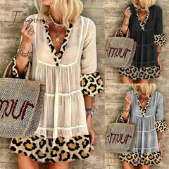 Ingvn - Summer Women's Fashion Leopard Print Stitching Cotton and Linen Dress Loose Casual Bohemian Mid-length Dress Party Beach Dress