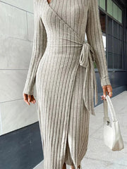 Women Knitting Loungewear Maxi Dress, Autumn Winter Long Sleeve Solid Party Dress, Lace-Up Patchwork Ladies Holiday Dress