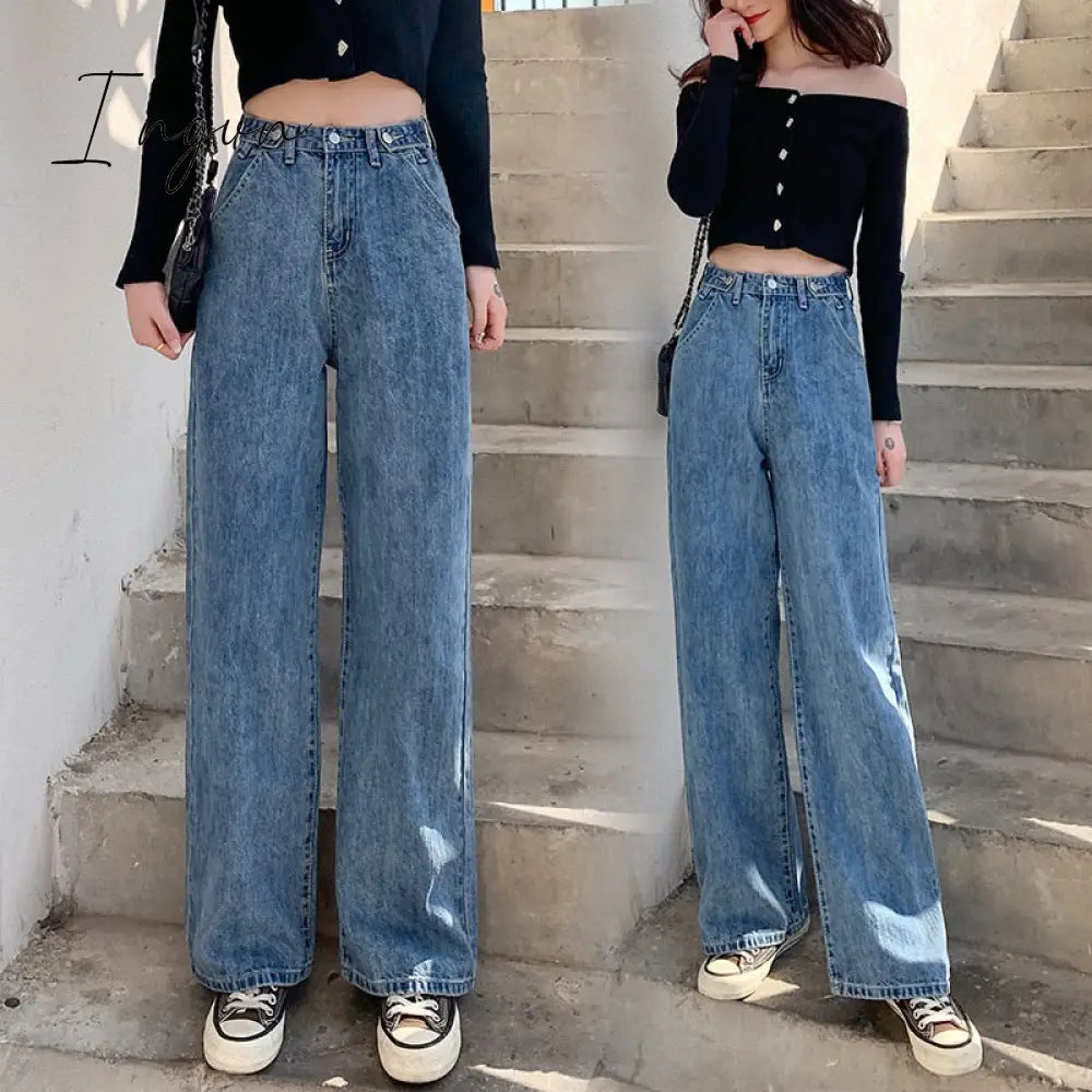 Ingvn - streetwear high waist women's fashion jeans woman girls women wide leg pants trousers female trousers denim bagge mom jeans