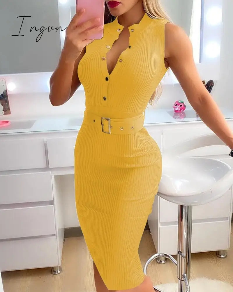 Ingvn - 2023 Fashion Women's Clothing Summer Elegant Round Neck Button Sleeveless Belt Casual Midi Dress Mid Waist Slim A-line Skirt